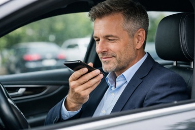 Vertriebsmitarbeiter nutzt Smartphone im Auto